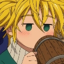 Meliodas from Seven Deadly Sins with a smug, blushing expression while drinking from a wooden mug.