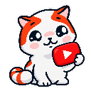 A white and orange cat holding a red play button icon with a white triangle.