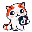 A cute orange and white cat with large, shiny eyes holding a black square icon with a white music note symbol.