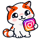 A cute orange and white cat holding a colorful square icon with a happy expression.