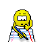 A yellow smiley face character writes on a notepad and gains floating red hearts as it smiles.
