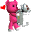 A pink bear figure repeatedly hugging a silver robot.