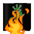 Green crown icon surrounded by animated pixelated orange and yellow flames.