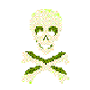 A white pixelated skull with crossbones underneath, rotating continuously in a loop.