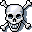 Skull and crossbones in a pixel art style with a white skull and gray bones on a black background.