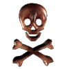 Skull and crossbones with a shiny, metallic bronze texture.