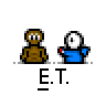 A pixelated alien and a human character touching fingers with a speech bubble above that says wow.