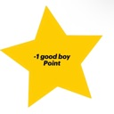A yellow star icon with the black text -1 good boy Point printed in the center.