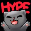 A gray cat with a wide smile and raised paws cheering with the word HYPE written in red above its head.
