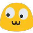Yellow blob character with wide, wandering eyes and a small, curved mouth.
