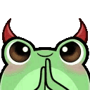 A cute green frog with small red devil horns holding its hands together in a prayer gesture.
