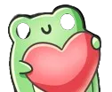 A cute green frog holding a large red heart with both hands.