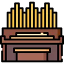 Pipe organ with gold pipes and a brown keyboard shown in a flat, stylized illustration.