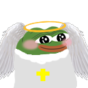 A green frog character wearing a white robe and a glowing gold halo with a sweet, innocent expression.