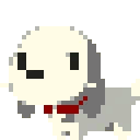 A small gray and white pixelated puppy with a red collar transitions from a neutral pose to barking with its mouth wide open.