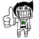 A hand-drawn character with a wide, toothy grin giving a thumbs up gesture.