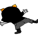 A stylized cartoon character in a dynamic, gravity-defying pose against a black background.