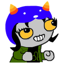 A stylized gray-skinned character with a blue helmet and orange horns wearing a smug, wide-eyed expression.
