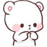 A small white bear with pink cheeks looking shy while touching its paws together.