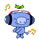 A cute blue creature wearing pink headphones dancing while musical notes float around its head.