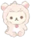 A small, fluffy white bear cub wearing a pink hood looking forward with a gentle expression.