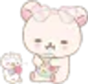 A cute white bear holding a small colorful item with a tiny companion standing next to it.