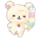 A small white bear holding a multi-colored ice cream cone with a happy expression.