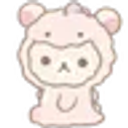 A small pink bear wearing a fluffy hood with a flat, unimpressed facial expression.