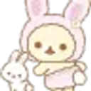 A cute character wearing a pink bunny hood standing next to a small white rabbit.