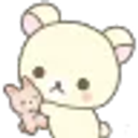 Korilakkuma the white bear cub looking suspicious while holding a small pink plush toy.