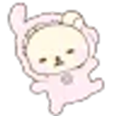 A small, round character wearing a pink bunny onesie with a grumpy and unimpressed facial expression.