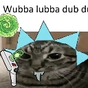 A gray cat with a spiky blue hairstyle and a portal gun, looking confused with drool.