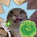 Cat with a wide-eyed expression wearing a blue portal graphic and holding a green ray gun.