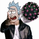 Rick Sanchez throwing a dark, spiked sphere with pink glowing accents.