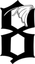 A black gothic-style number eight with a white wing detail attached to the top right corner.