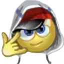 Smiley face wearing a grey hoodie and red cap making a shaka hand gesture.