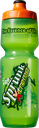 A bright green sports bottle with an orange cap standing upright.