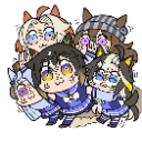 A group of chibi anime characters huddled together with wide, excited eyes and mischievous expressions.