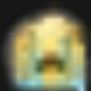 A glowing, blurry figure with a dark face and a bright yellow and blue aura.