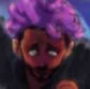 A man with purple hair looking down with a tired and overwhelmed expression.