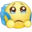 A yellow smiley face with large, teary eyes wearing a blue backpack.