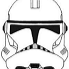 A black and white line-art drawing of a futuristic combat helmet facing forward.