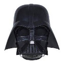 A black, glossy villain helmet mask centered on a white background.
