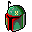 A pixelated green and red helmet facing forward on a black background.