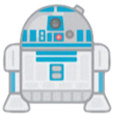 A small blue and white cylindrical robot with a dome head and a small red sensor light.