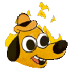 A cartoon dog wearing a hat smiles while fire burns in the background.