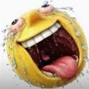 A 3D yellow face with a wide-open mouth and bulging eyes shedding tears while laughing hysterically.