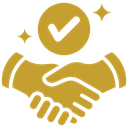 Handshake icon with a checkmark above it in a gold color.