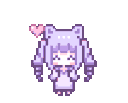 Anime girl with purple hair and cat ears dancing happily while surrounded by floating pink hearts.