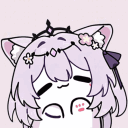 A cute anime-style cat girl with purple hair and a floral crown bouncing happily.